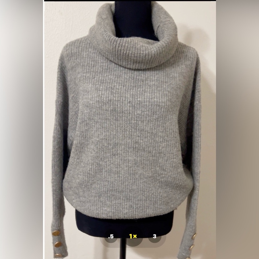Janice Woman’s Long Sleeve Gray Cowl Neck Sweater Gold Statement Buttons